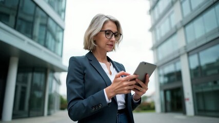 Professional businesswoman in a suit standing outside modern office buildings, using a digital tablet for work. Urban business environment, technology and connectivity. - Powered by Adobe
