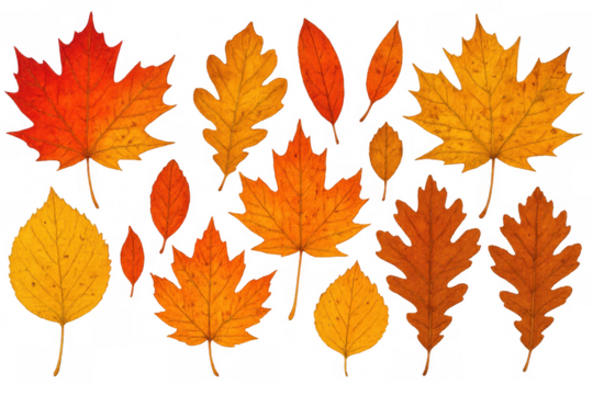 Autumn leaves set displaying maple, oak, and birch foliage in warm fall colors on transparent background