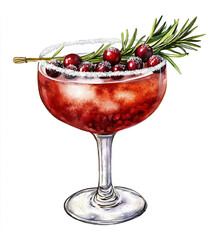 Watercolor illustration of a festive red cranberry cocktail with rosemary and sugar rim for Christmas and New Year celebration.