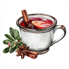 Watercolor illustration of a hot spiced drink in a mug with cinnamon, star anise, and winterberry branch, for New Year.