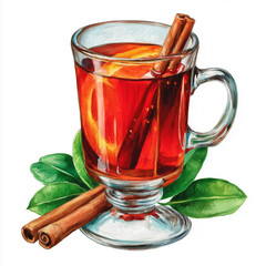 Watercolor illustration of a hot spiced drink glass, perfect for Christmas or New Year greeting card. Festive cocktail art.