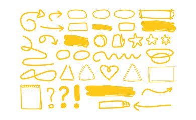 Yellow hand drawn marker elements for creative projects and designs