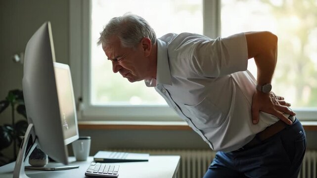 An older man is hunched over in pain, clutching his lower back, at his office desk. This image evokes the struggle against physical distress.