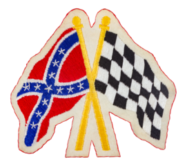 Isolated photo of embroidered racing flags patch emblem on white background.