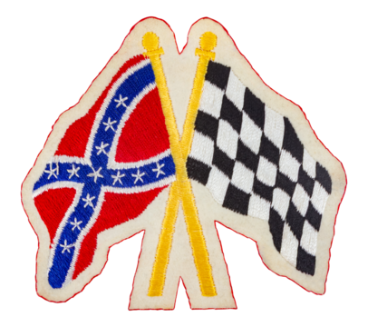 Isolated photo of embroidered racing flags patch emblem on white background.