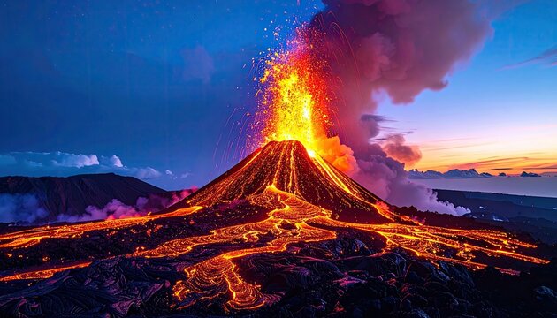 A dramatic volcanic eruption spews molten lava and ash into the twilight sky, illuminating the landscape with fiery orange and red hues. - Powered by Adobe