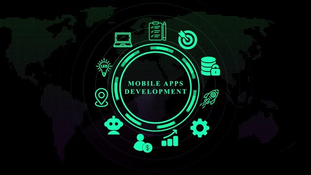 Mobile apps development concept with global network and icons. Business, technology, modern technology concept.