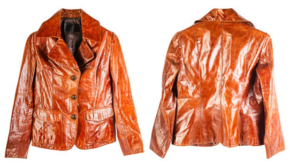 Isolated photo of bright brown polished leather woman leather jacket front and back view on white...
