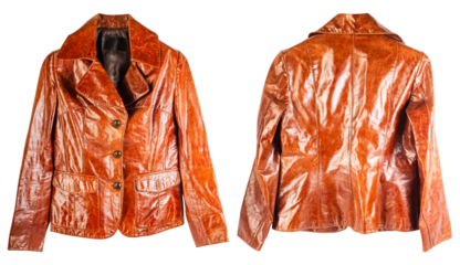 Isolated photo of bright brown polished leather woman leather jacket front and back view on white background.