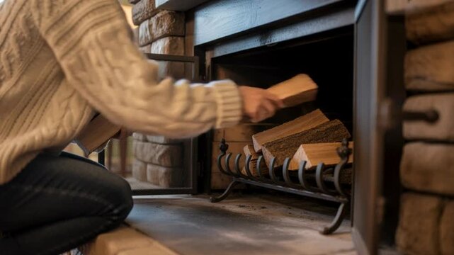 Woman in a cozy sweater stacking firewood in a rustic stone fireplace at home