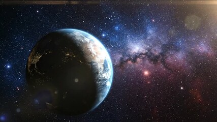 Stunning View of Planet Earth in Outer Space with Starry Galaxy and Bright Sunlight Displayed in Realistic 3D Rendering