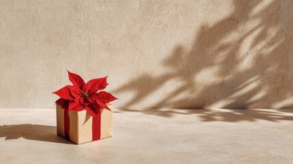 Rustic gift box with red poinsettia decoration on neutral background,Poinsettia Day