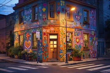 Naklejka premium Colorful graffiti-covered building at dusk