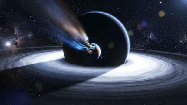 Black hole swallowing a planet with accretion disk, space with stars and nebulae in the background
