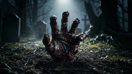 Zombie hand rising from grave in a spooky graveyard at night with ominous atmosphere