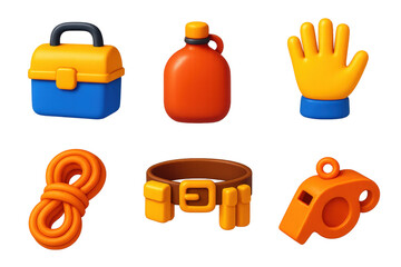 Miner's Essential Icon Set. 3D icon set of miner’s essentials: lunch box, water flask, gloves, rope coil, tool belt, whistle. A