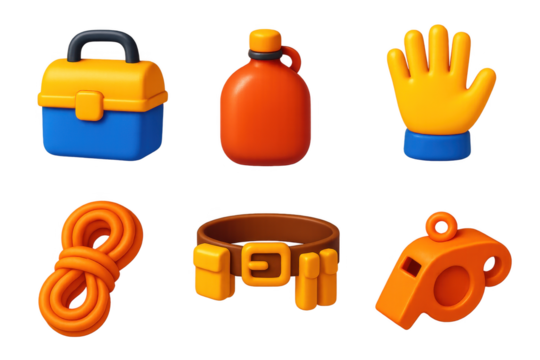 Miner's Essential Icon Set. 3D icon set of miner’s essentials: lunch box, water flask, gloves, rope coil, tool belt, whistle. A