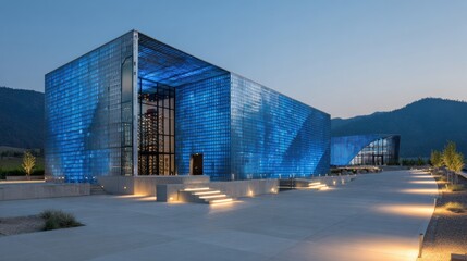 Obraz premium Futuristic Stainless Winery Illuminated With Blue Neon Grids at Dusk in a Scenic Vineyard
