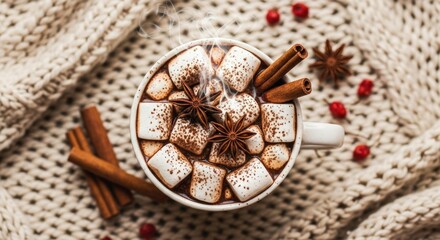 Fototapeta premium Hot Chocolate with Marshmallows, Cinnamon Sticks, and Star Anise on Cozy Knitted Blanket