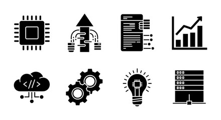 Technology icons set: circuit, cloud, gear, graph, and server in bold silhouette style