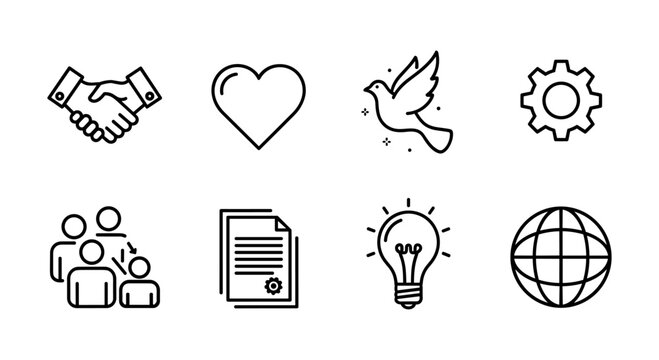 Linear icons: business, love, peace, creativity, global communication