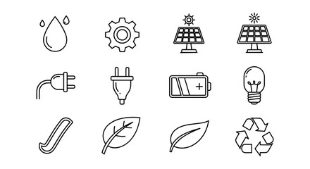 Eco-friendly energy icons set featuring solar, recycling, and sustainable themes