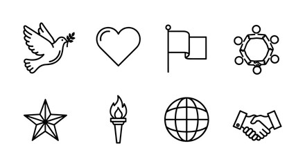 Peace and unity icons: dove, heart, and global symbols in linear design
