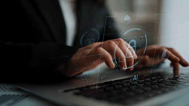 Cybersecurity system interface with biometric lock and data protection. Cybersecurity protects access, identity, cyber security prevents threats, and cyber security supports digital systems. Marrow - Powered by Adobe