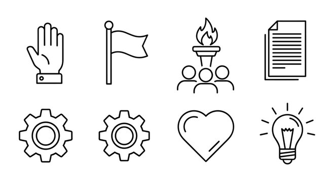 Minimalist icon set: hand gesture, flag, torch, document, gear, heart, lightbulb