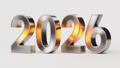 Metallic number 2026 rendered in 3D representing the year two thousand twenty-six isolated on white background