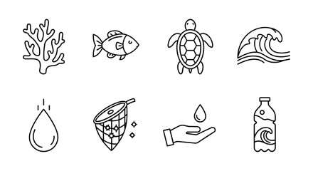 Ocean conservation icons: marine life protection and clean water