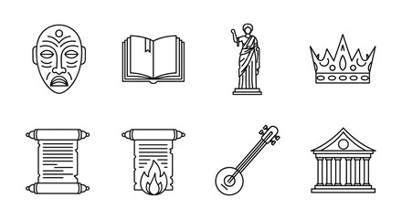 Linear ancient symbols: mask, book, statue, crown, scrolls, lyre, temple