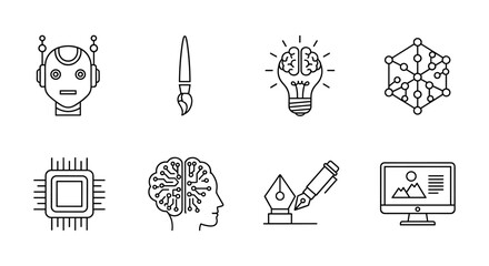 Technology and creativity icon set featuring ai, design tools, and innovation elements