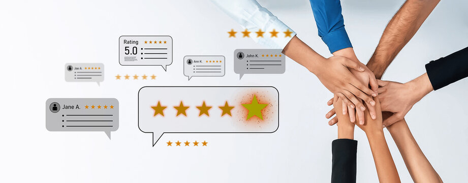 A group of diverse hands unites in a circle, symbolizing collaboration and teamwork. Surrounding them are positive reviews and high ratings, showcasing success in a professional context. Trope