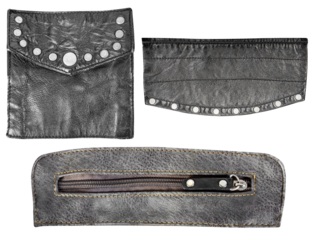 Isolated photo of black leather patches with stitched borders, rivets, studs and zippers on white background.