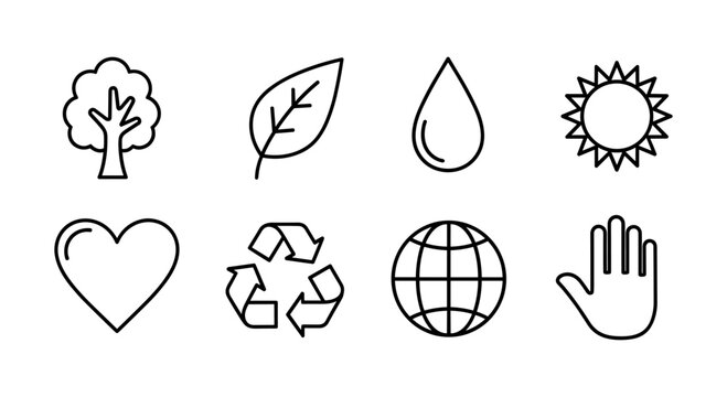 Eco-friendly linear icons: nature, sustainability, and environmental symbols