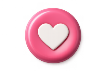 Pink social media like button with white heart symbol, glossy 3d rendering for digital apps and online content