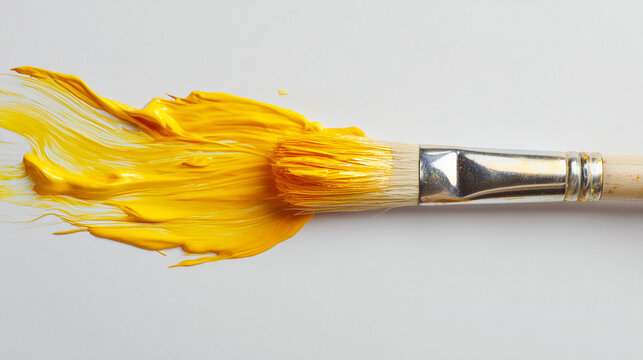 Ai bright yellow paint splashes from a paintbrush against a clean white background, showing creativity in art - Powered by Adobe