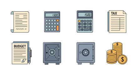 Financial management line art: calculators, safes, tax and budget documents