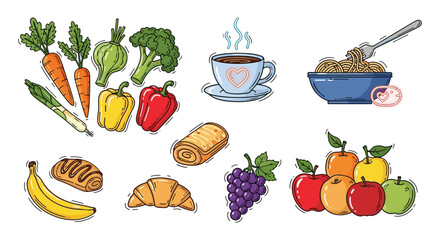 Colorful food variety with fresh vegetables, fruits, coffee, and pastries in a minimalist style
