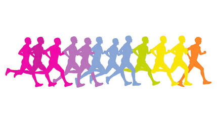 Colorful silhouette runners gradient from pink to orange jogging in sequence symbolizing teamwork fitness and motivation isolated on transparent background energetic and dynamic concept