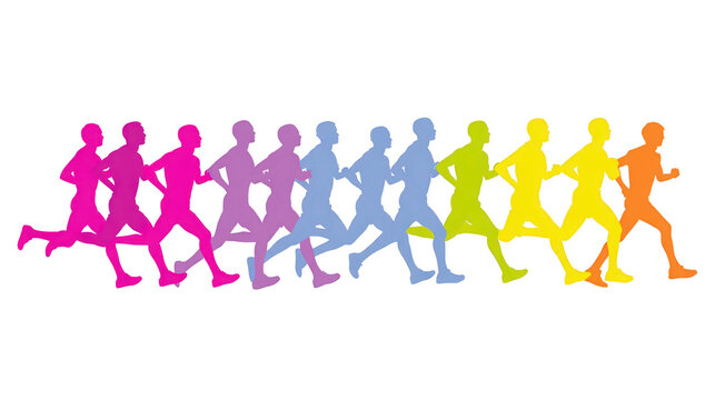Colorful silhouette runners gradient from pink to orange jogging in sequence symbolizing teamwork fitness and motivation isolated on transparent background energetic and dynamic concept