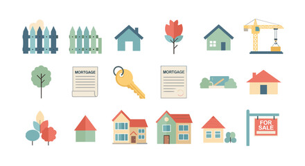 Real estate and home buying icons featuring keys, houses, and mortgages in a flat design