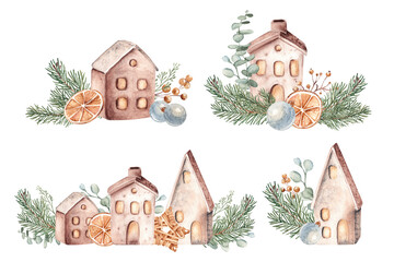 Christmas Watercolor Compositions set. Ceramic houses with Fir Branches, orange and eucalyptus. Cozy home decoration in Scandinavian style. Hand drawn illustrations isolated on a background. For