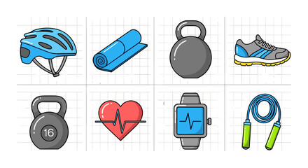 Colorful fitness equipment icons set featuring modern workout essentials