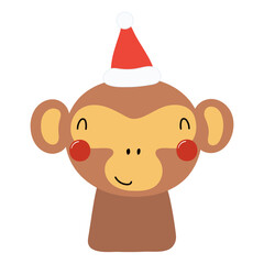 Monkey in a Santa Claus hat isolated on transparent. Hand drawn flat vector illustration. Cute cartoon character. Traditional Christmas, New Year, seasonal design element, holiday clip art