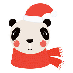 Panda in a Santa Claus hat, red scarf isolated on transparent. Hand drawn flat vector illustration. Cute cartoon character. Traditional Christmas, New Year design element, clip art