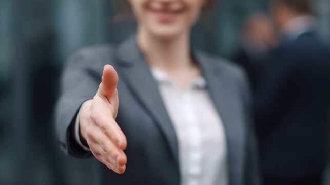 Businesswoman extending hand for handshake in professional setting outside office