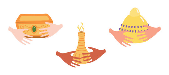 Three kings hands with gifts of frankincense, myrrh, gold isolated on transparent background. Hand drawn flat vector illustration. Epiphany, Three Kings Day, Christmas design element, holiday clip art