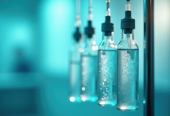 Elegant Clinical Setup for Fluid Infusion Displaying Calm Aqua Tones and Intricate IV Stand Details